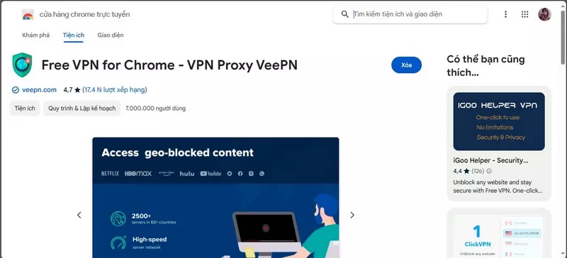 Sử dụng extension fake VPN để vào cổng game 68gamebai